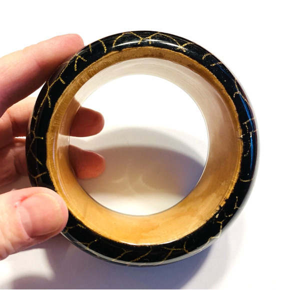 Vintage 1980's Bangle Bracelet Hard Plastic Wood Look Unique Chunky Fashion Chic - Picture 4 of 7